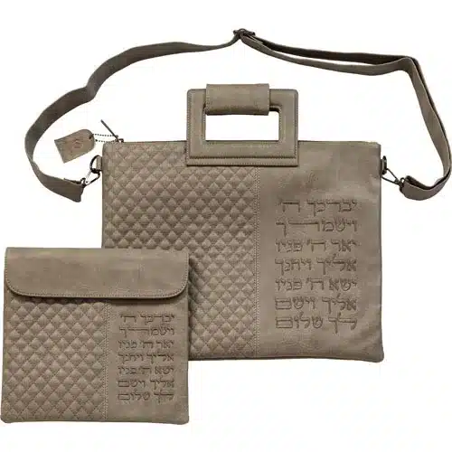 תיק מפואר לטלית דמוי עור אפור אותיות בולטות ברכת הכהנים